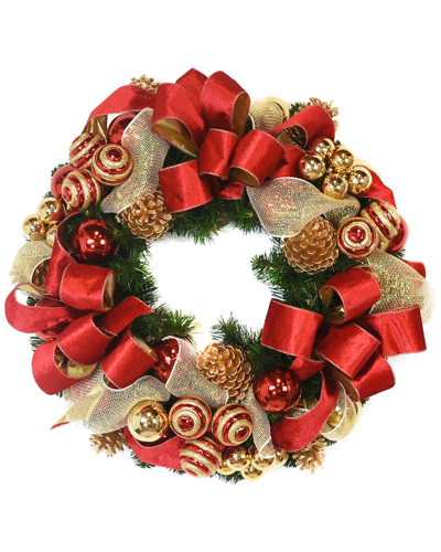 Creative Displays 24 Evergreen Wreath With Bows, Ornaments And Pinecones In Red