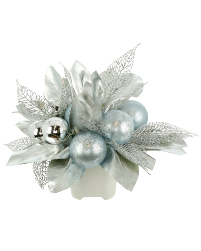 Creative Displays Ornament Holiday Arrangement With Glittery Leaves In A Ceramic Vase In Silver