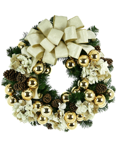 Creative Displays 26 Hydrangea Cream And Gold Christmas Wreath With A Large Bow And Ornaments In White