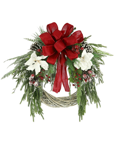 Creative Displays 30 Woven Willow Holiday Wreath With Evergreen, Berries And A Large Bow In White