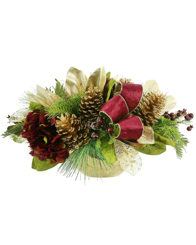 Creative Displays Hydrangea Holiday Centerpiece With Magnolia Leaves, Pinecones And Velvet Bows In Red