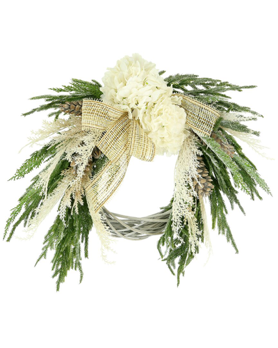 Creative Displays 28 Woven Willow Holiday Wreath With Hydrangeas, Evergreen And Burlap Bows In White