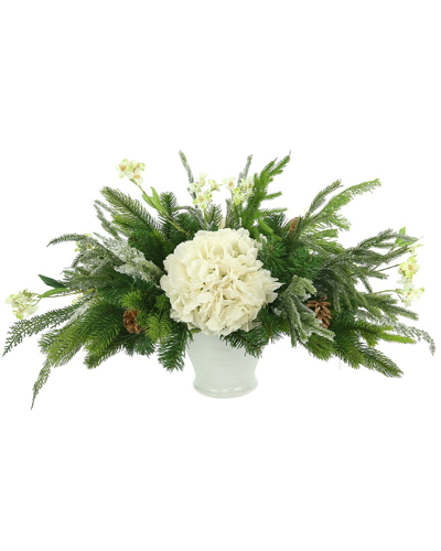 Creative Displays Hydrangea And Evergreen Holiday Arrangement In A Ceramic Vase In White