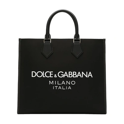 Dolce & Gabbana Large Nylon Shopper With Rubberized Logo In Black