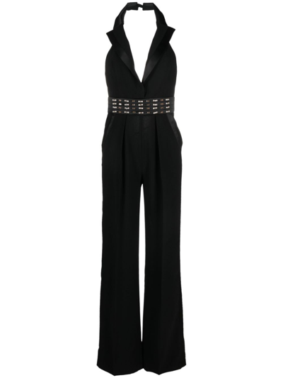 Elisabetta Franchi Satin-trim Rhinestone-embellished Jumpsuit In Black