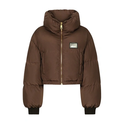 Dolce & Gabbana Short Padded Nylon Jacket With Logo Tag In Brown