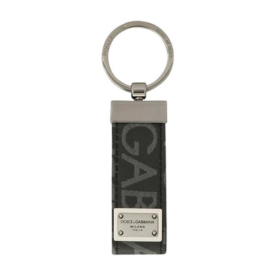 Dolce & Gabbana Coated Jacquard Fabric Keychain In Black_grey