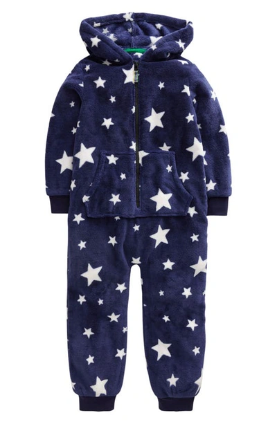 Mini Boden Kids' Star Print Hooded Fleece Romper In College Navy Star