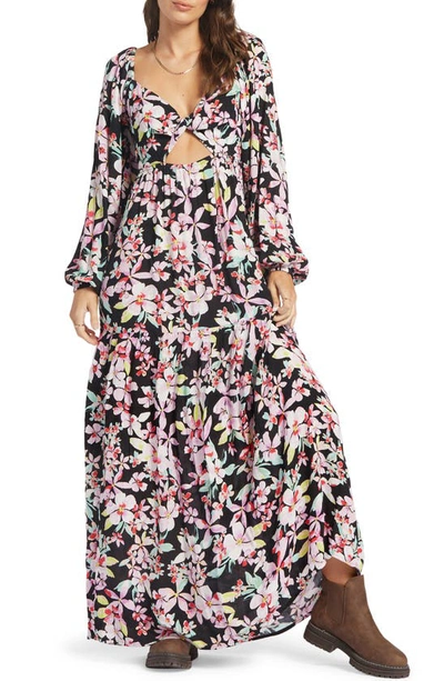 Roxy On Holiday Floral Cutout Long Sleeve Maxi Dress In Anthracite New Life
