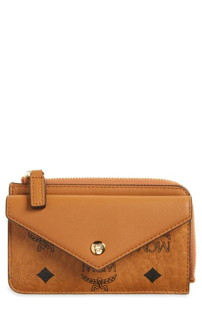 Mcm Mini Aren Visetos Coated Canvas Card Case In Cognac