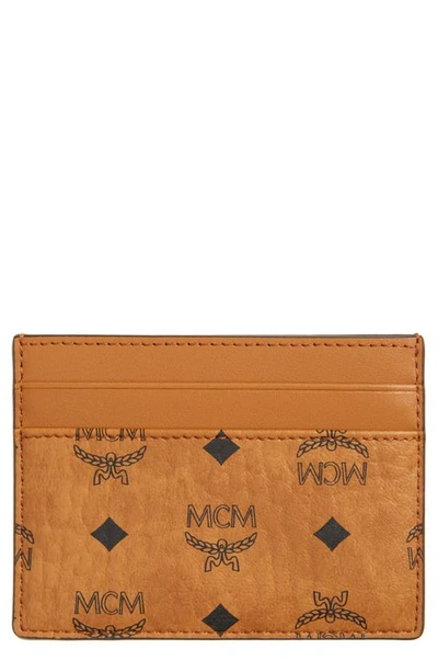 Mcm Mini Aren Visetos Coated Canvas Card Case In Cognac