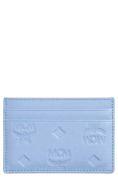 Mcm Aren Logo Embossed Leather Card Case In Della Robbia Blue