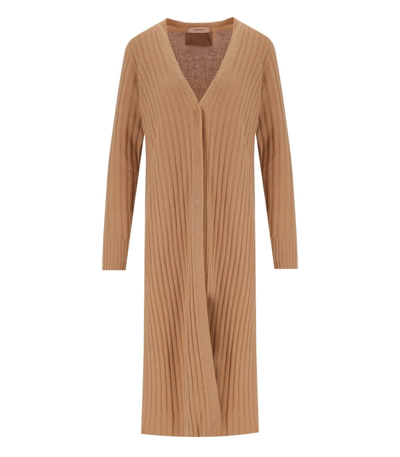 Twinset Camel Ribbed Maxi Cardigan In Beige