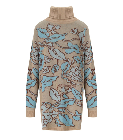 Twinset Jacquard Hearts And Leafs Beige Turtleneck Maxi Jumper