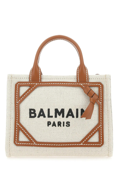 Balmain B-army Mini Canvas Shopping Bag With Leather Inserts In Neutrals