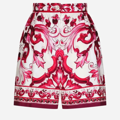 Dolce & Gabbana Majolica-print Poplin Shorts In White,fuchsia