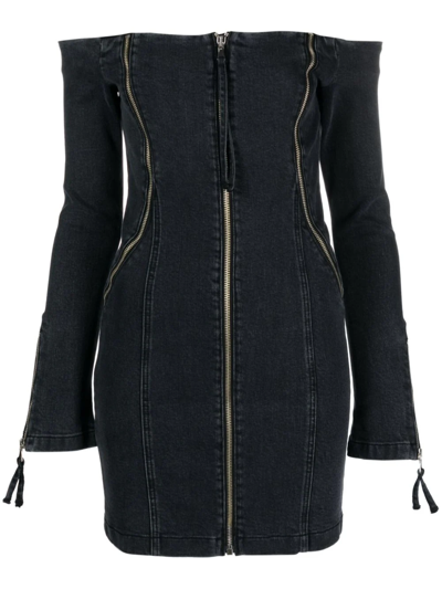 Blumarine Off-shoulder Zip-up Denim Dress In Black