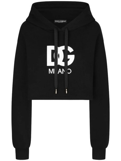 Dolce & Gabbana Cropped Jersey Hoodie With Embroidered Dg Patch In Black