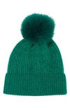 STEWART OF SCOTLAND TWO-TONE RIB KNIT BEANIE WITH GENUINE SHEARLING POM