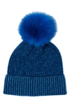 STEWART OF SCOTLAND TWO-TONE RIB KNIT BEANIE WITH GENUINE SHEARLING POM