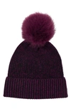 STEWART OF SCOTLAND TWO-TONE RIB KNIT BEANIE WITH GENUINE SHEARLING POM