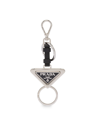 Prada Dividable Leather And Metal Keychain In Steel/black