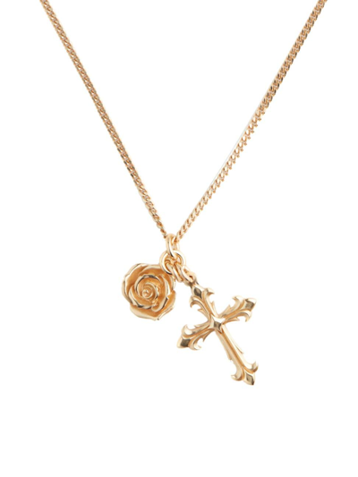 Emanuele Bicocchi Men's 24k Gold-plated Sterling Silver Rose & Cross Pendant Necklace