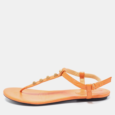 Pre-owned Balenciaga Orange Leather Arena Thong Flat Sandals Size 40.5