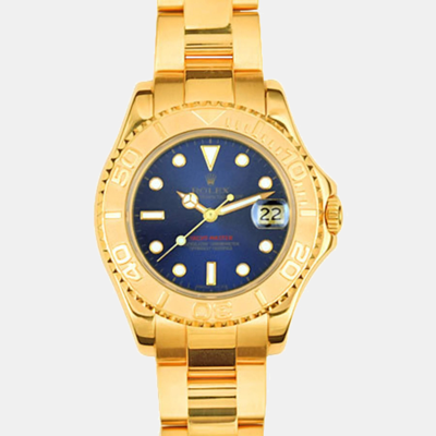 Pre-owned Rolex Blue 18k Yellow Gold Yacht-master 68628 Automatic Men's Wristwatch 37 Mm