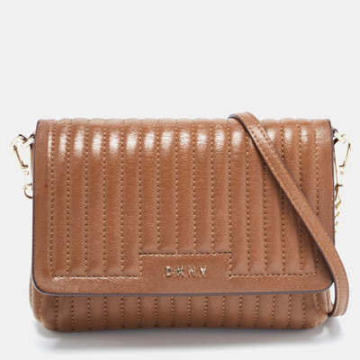 Pre-owned Dkny Brown Pinstripe Quilted Leather Gansevoort Flap Shoulder Bag