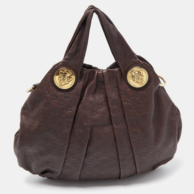Pre-owned Gucci Ssima Leather Large Hysteria Hobo In Brown