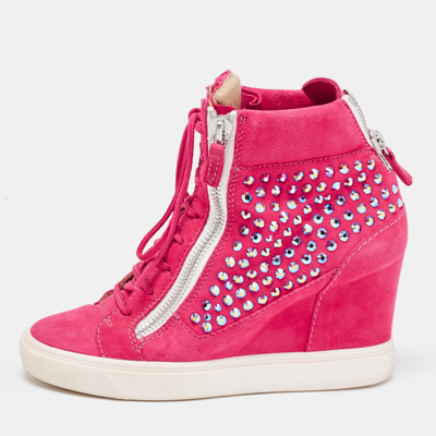 Pre-owned Giuseppe Zanotti Pink Suede Crystal Embellished Wedge Sneakers Size 39