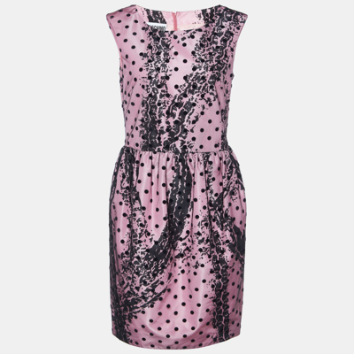 Pre-owned Moschino Couture Pink Printed Satin & Polka Dot Tulle Sleeveless Sheath Dress L