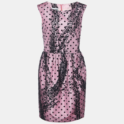 Pre-owned Moschino Couture Pink Printed Satin & Polka Dot Tulle Sleeveless Sheath Dress M
