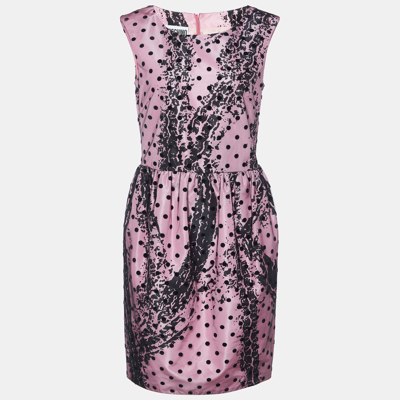 Pre-owned Moschino Pink Printed Satin & Polka Dot Tulle Sleeveless Sheath Dress M