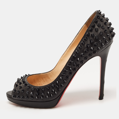 Pre-owned Christian Louboutin Black Leather Yolanda Spikes Pumps Size 37.5
