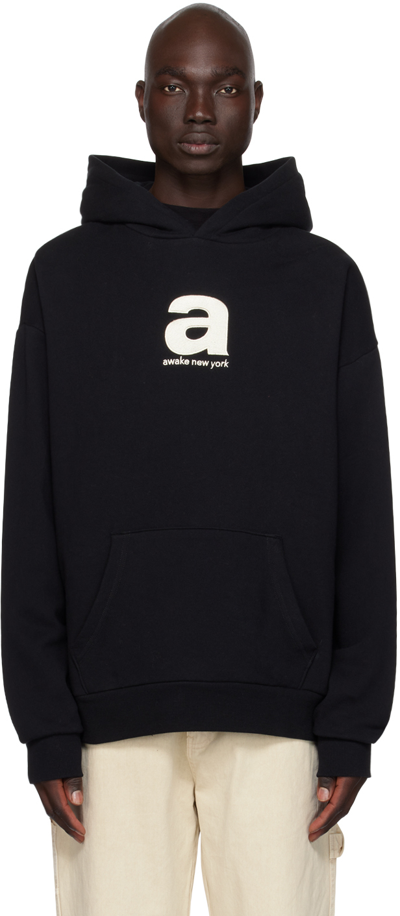 Awake Ny Black Embroidered Hoodie In Washed Black