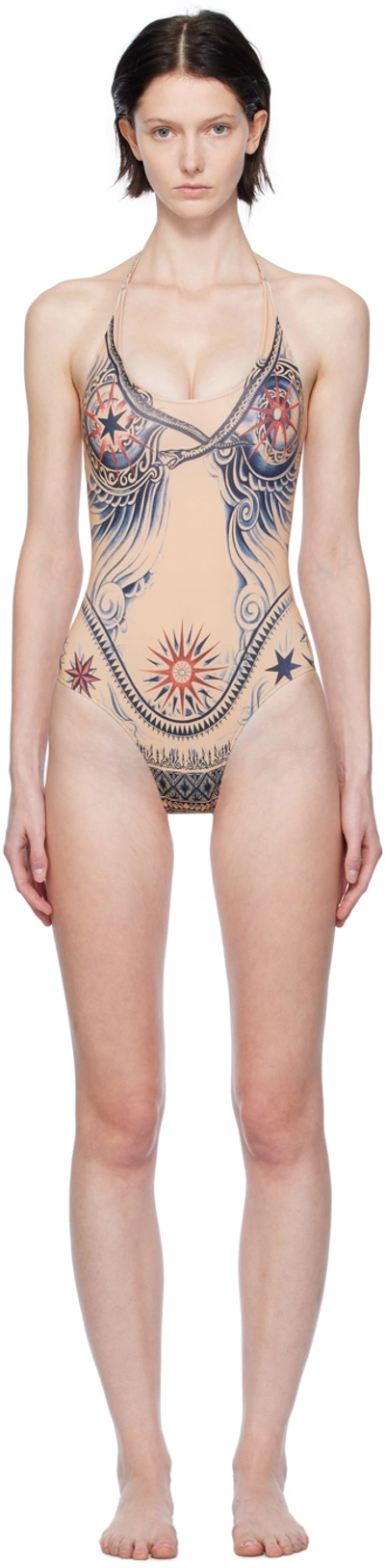 Jean Paul Gaultier Tattoo Print Swimsuit In Beige