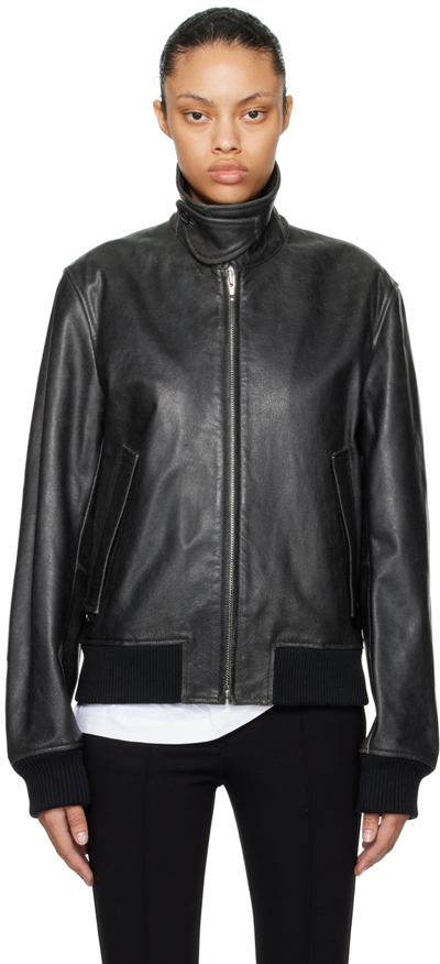 Helmut Lang Black Faded Leather Bomber Jacket