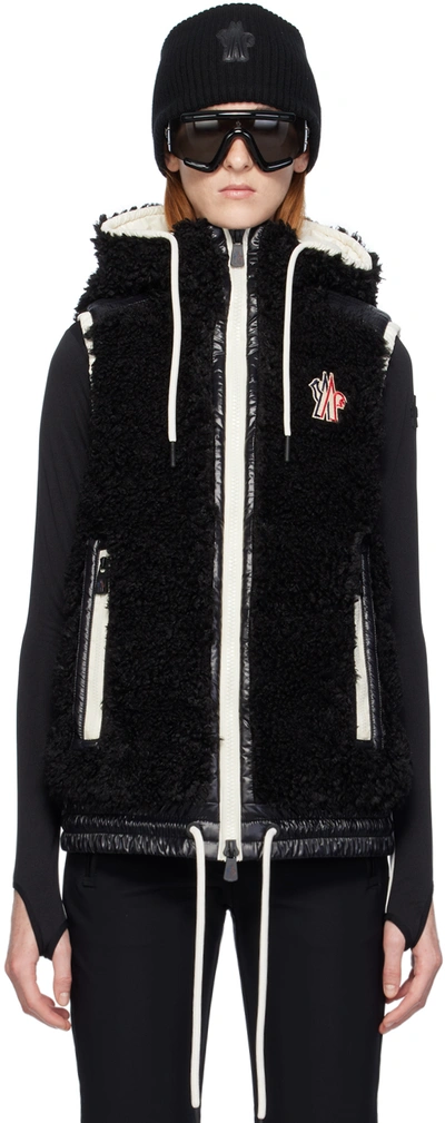 Moncler Hooded Shell-trimmed Fleece Down Vest In Black