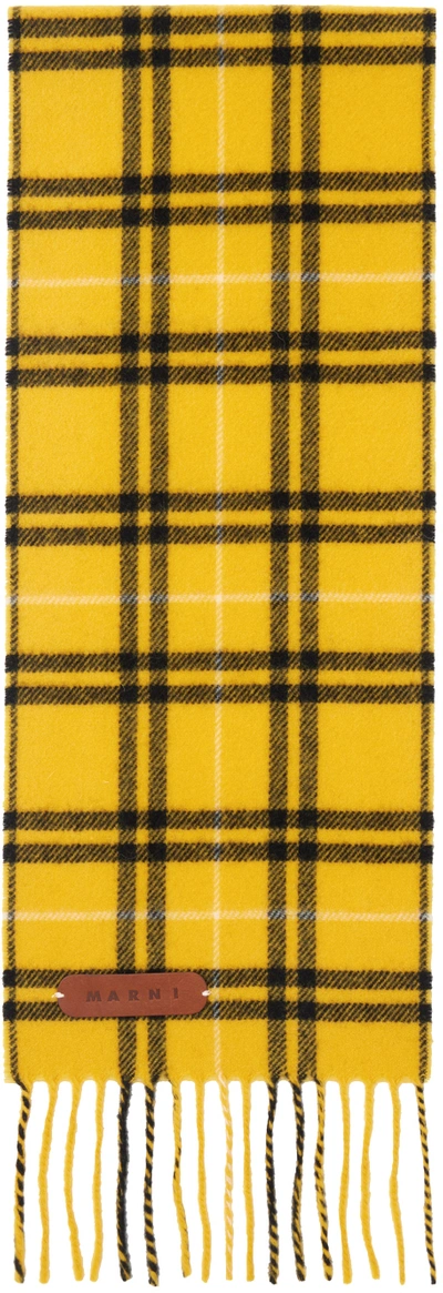 Marni Logo Plaque Wool Check Scarf In Yellow