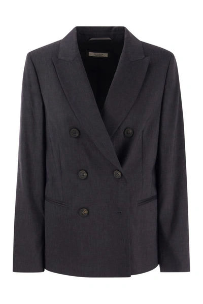 Peserico Wool And Linen Canvas Double-breasted Blazer In Dark Blue