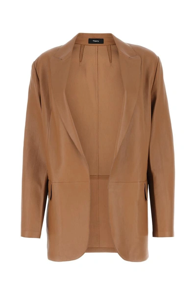 Theory Leather Open Front Blazer In Brown