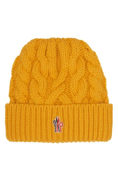 Moncler Logo Embroidered Virgin Wool Cable Beanie In Yellow