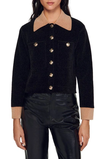 Sandro Marcello Velour Knit Cropped Coatigan In Black