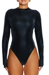 NAKED WARDROBE LIQUID SUEDE FUNNEL NECK FAUX LEATHER BODYSUIT
