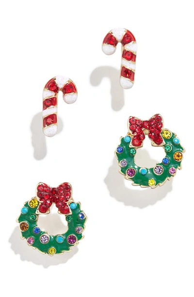 Baublebar Much Mistletoeing Color Pave Candy Cane & Wreath Stud Earrings In Gold Tone, Set Of 2 In Multi