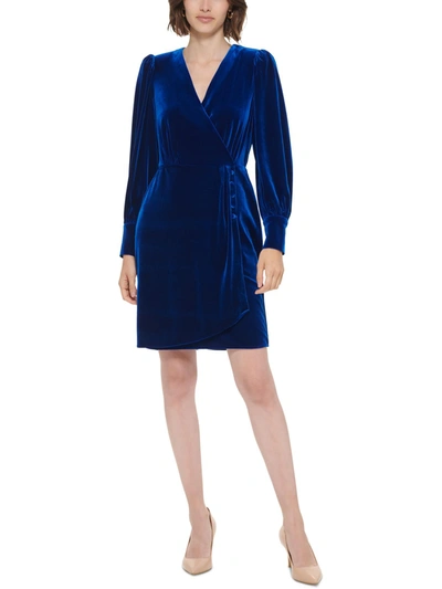Calvin Klein Womens Surplice Knee Sheath Dress In Blue