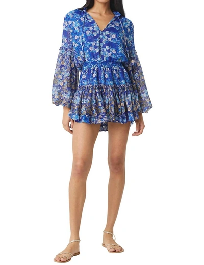 Misa Elisabetta Puff-sleeve Mixed Floral Mini Dress In Blue