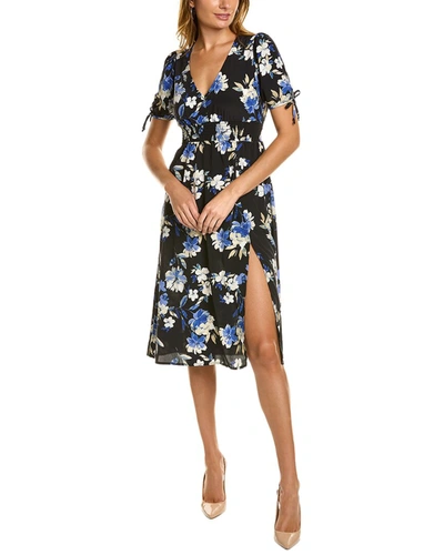 Socialite Puffy Sleeves Floral V-neck Midi Dress In Black